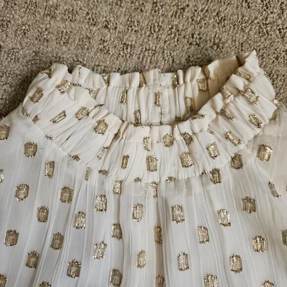 LOFT Clip Ruffle Smocked Blouse Women SZ Medium gauzy top lightweight lined Gold - Picture 8 of 15